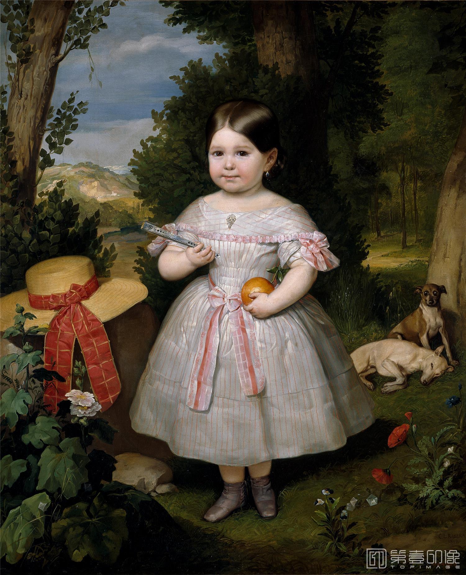 油画-西班牙普拉多美术馆油画藏画-Ribera y Fieve, Carlos Luis de-Retrato de niña con fondo de paisaje-2256